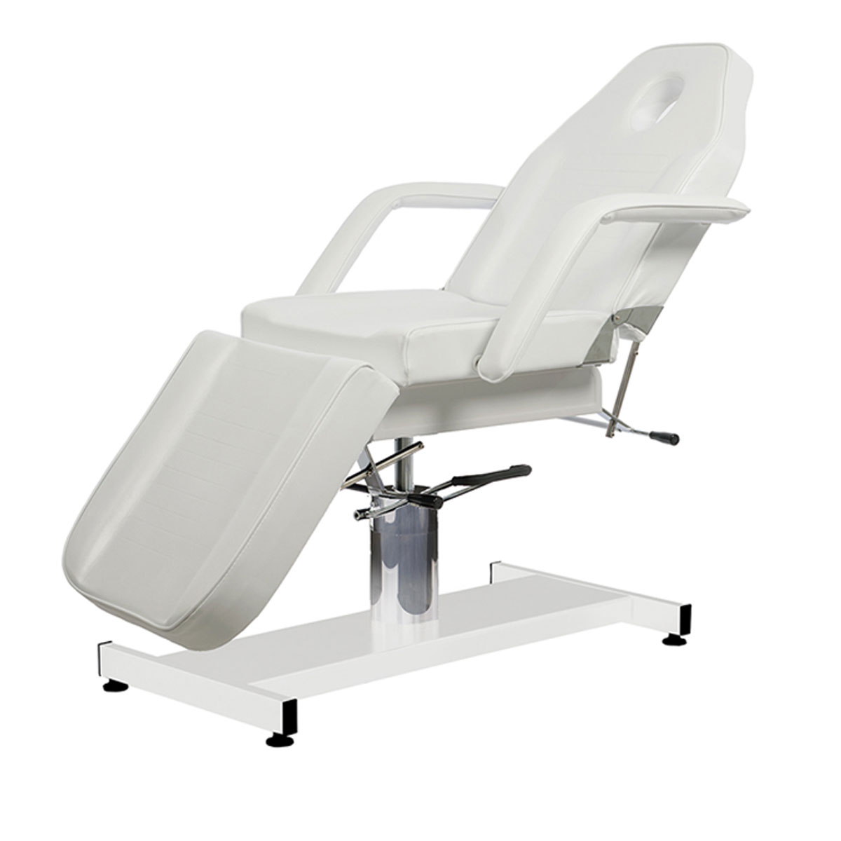 fauteuil d'esthétique à trois plans, réglages hauteur, inclinaison du dossier et jambes manuelles, porte rouleau inclus, existe en noir et en blanc