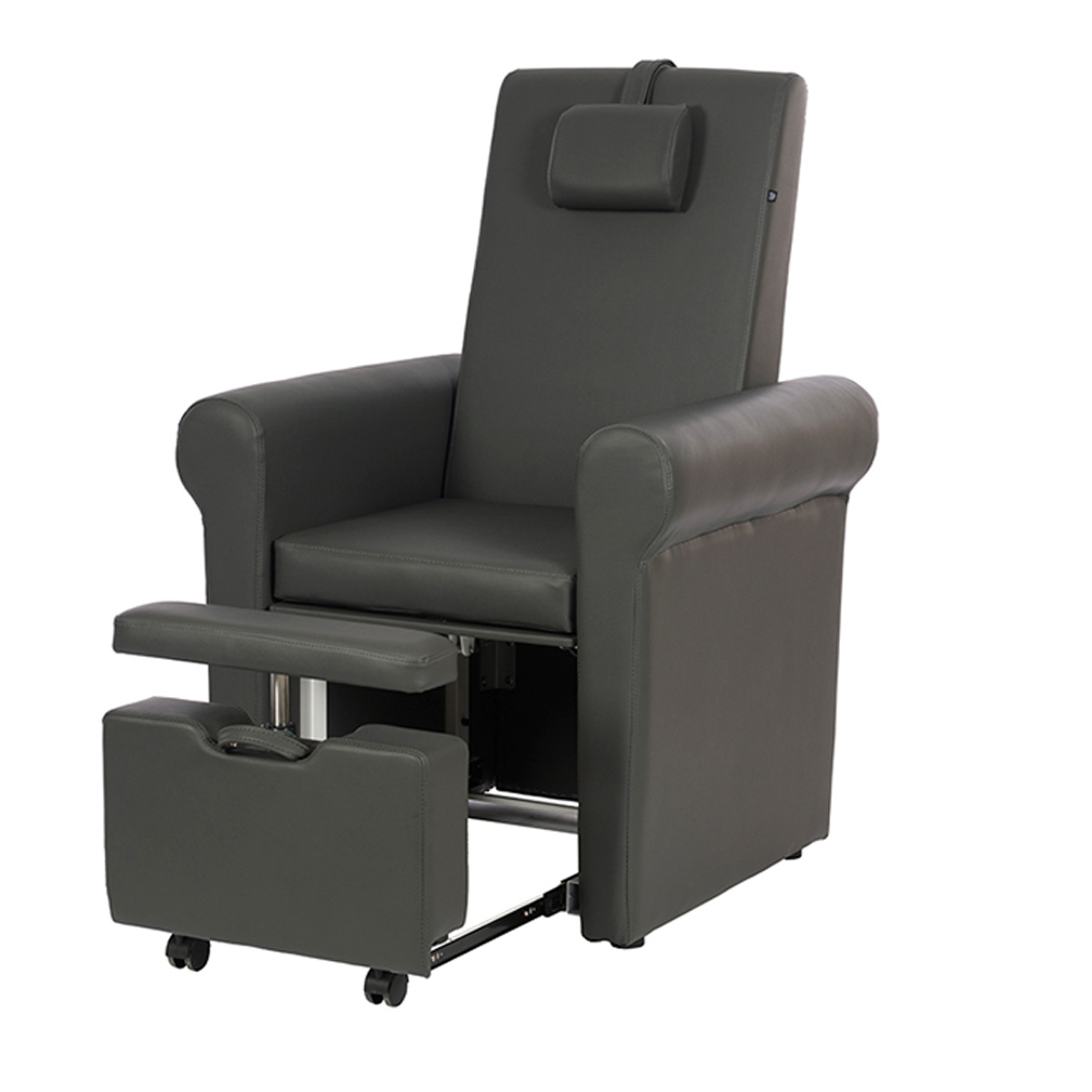 fauteuil pour pédicure avec logement coulissant pour bain de pied (non inclu) dossier inclinable par vérin à gaz, repose pieds réglable