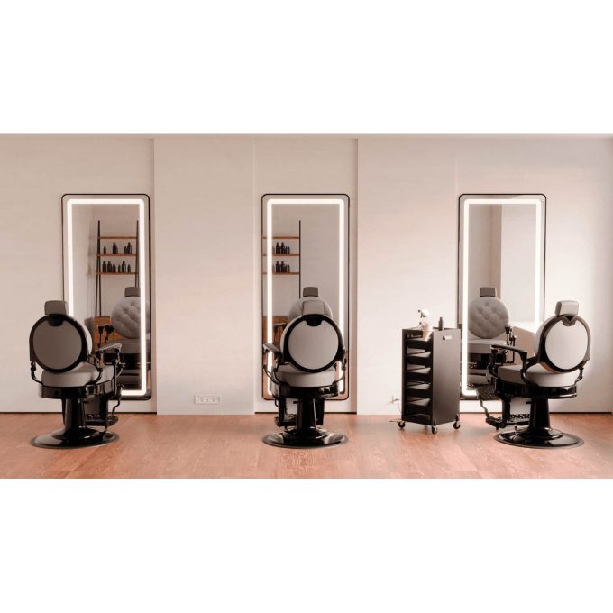 grand miroir rectangulaire avec miroir argenté et éclairage led intégré, contour noir, argent ou doré aux choix