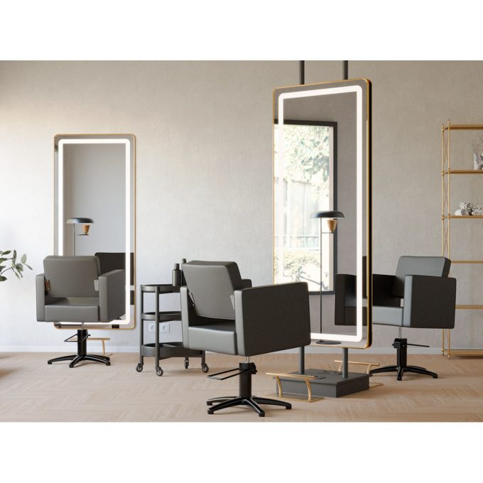grand miroir rectangulaire avec miroir argenté et éclairage led intégré, contour noir, argent ou doré aux choix