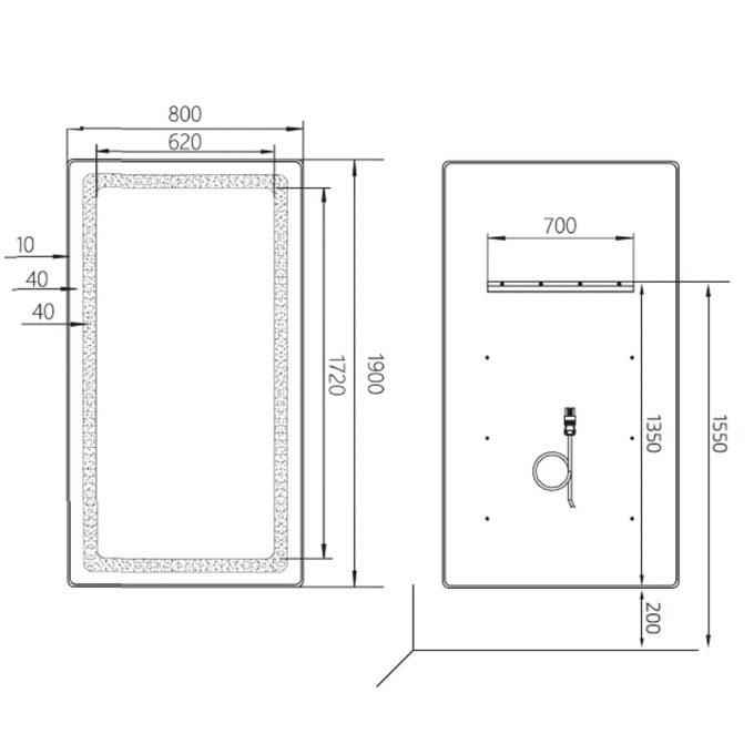 grand miroir rectangulaire avec miroir argenté et éclairage led intégré, contour noir, argent ou doré aux choix