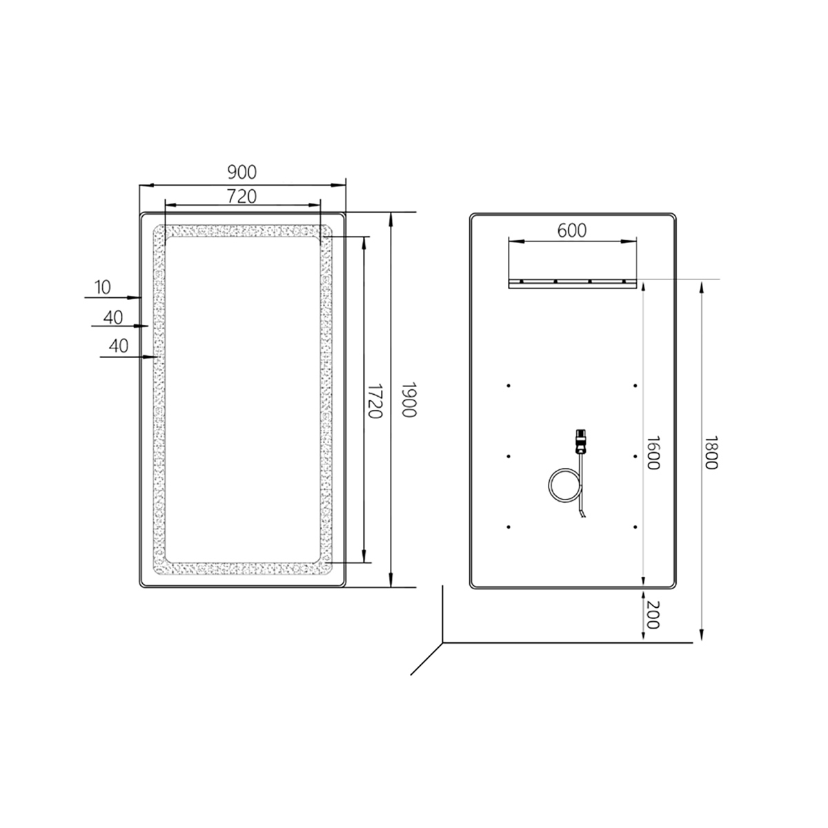 Dimensions miroir rectangle Rec Led