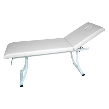 table de massage fixe dors, réglage du dossier manuel, pu blanc, structure métal blanc, porte rouleau intégré