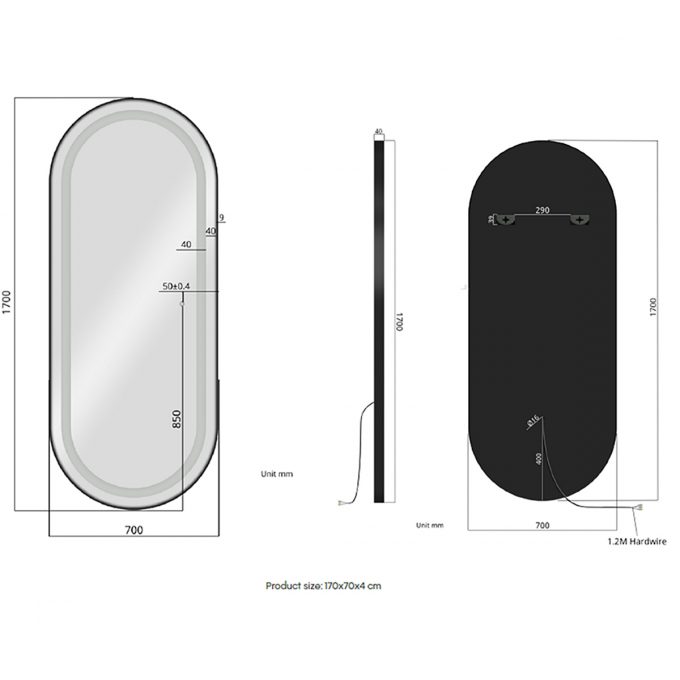 Poste de coiffage 170 cm de hauteur aux contours arrondis avec trois intensité d'éclairage LED, naturel, chaud, blanc, couleur cadre aux choix : noir, doré, argenté