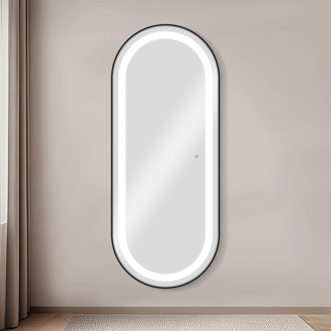 Poste de coiffage 170 cm de hauteur aux contours arrondis avec trois intensité d'éclairage LED, naturel, chaud, blanc, couleur cadre aux choix : noir, doré, argenté