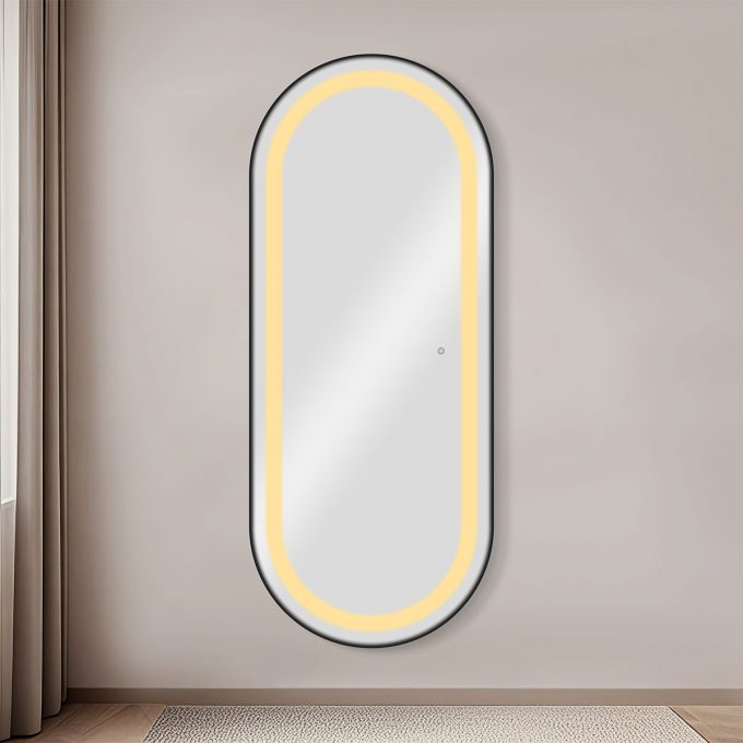 Poste de coiffage 170 cm de hauteur aux contours arrondis avec trois intensité d'éclairage LED, naturel, chaud, blanc, couleur cadre aux choix : noir, doré, argenté