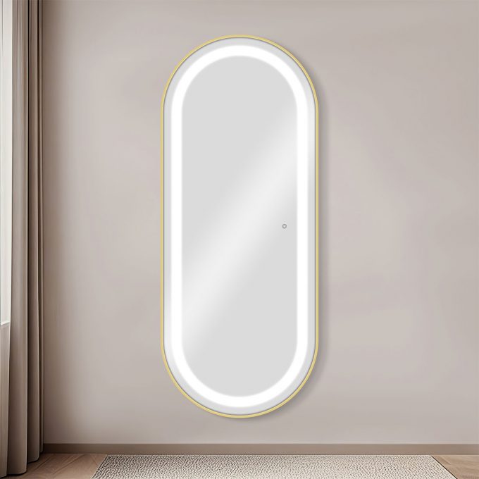 Poste de coiffage 170 cm de hauteur aux contours arrondis avec trois intensité d'éclairage LED, naturel, chaud, blanc, couleur cadre aux choix : noir, doré, argenté