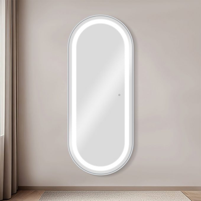 Poste de coiffage 170 cm de hauteur aux contours arrondis avec trois intensité d'éclairage LED, naturel, chaud, blanc, couleur cadre aux choix : noir, doré, argenté