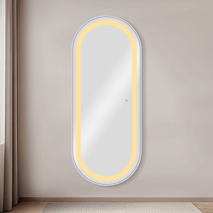 Poste de coiffage 170 cm de hauteur aux contours arrondis avec trois intensité d'éclairage LED, naturel, chaud, blanc, couleur cadre aux choix : noir, doré, argenté