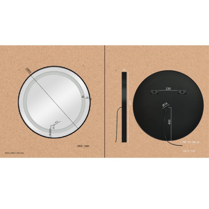 Miroir rond avec éclairage frontal double LED, réglage intensité par bouton, cadre en aluminium disponible en GOLD, BLACK, ou SILVER