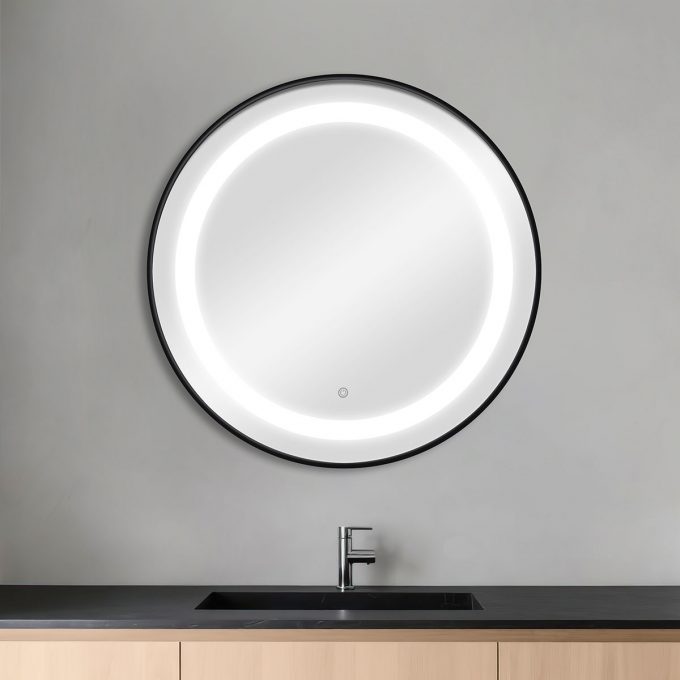 Miroir rond avec éclairage frontal double LED, réglage intensité par bouton, cadre en aluminium disponible en GOLD, BLACK, ou SILVER