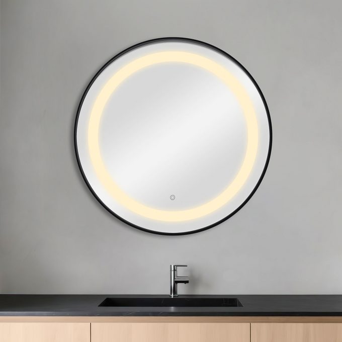 Miroir rond avec éclairage frontal double LED, réglage intensité par bouton, cadre en aluminium disponible en GOLD, BLACK, ou SILVER