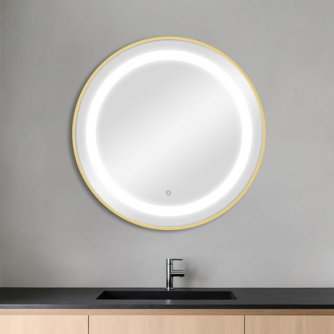 Miroir rond avec éclairage frontal double LED, réglage intensité par bouton, cadre en aluminium disponible en GOLD, BLACK, ou SILVER