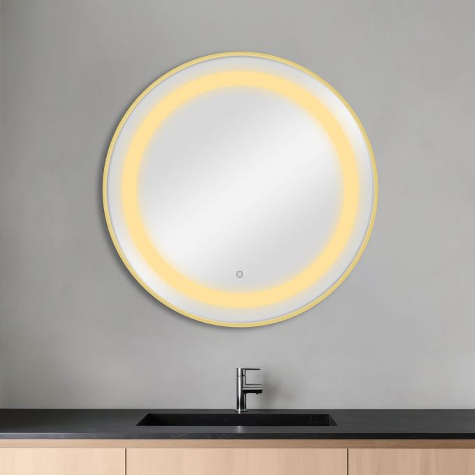 Miroir rond avec éclairage frontal double LED, réglage intensité par bouton, cadre en aluminium disponible en GOLD, BLACK, ou SILVER