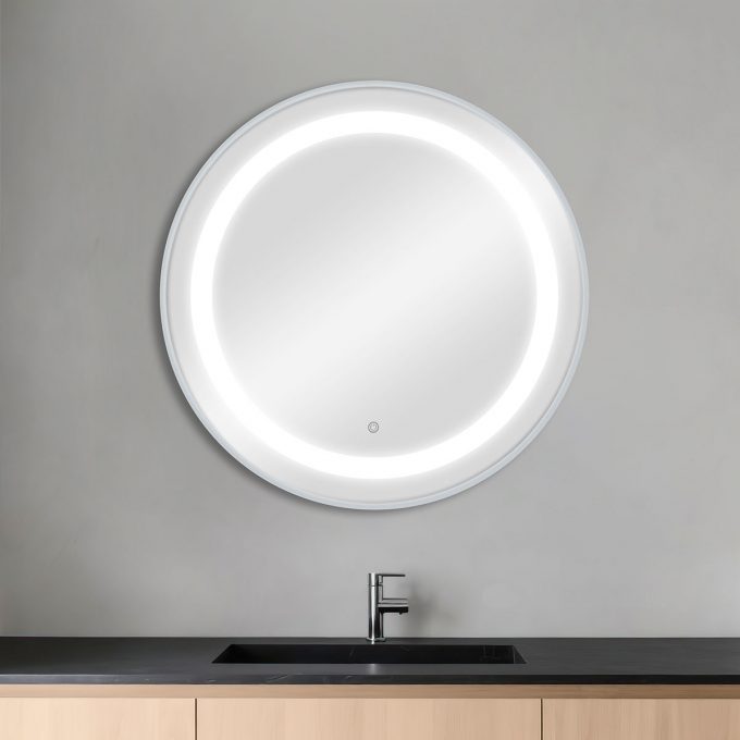 Miroir rond avec éclairage frontal double LED, réglage intensité par bouton, cadre en aluminium disponible en GOLD, BLACK, ou SILVER