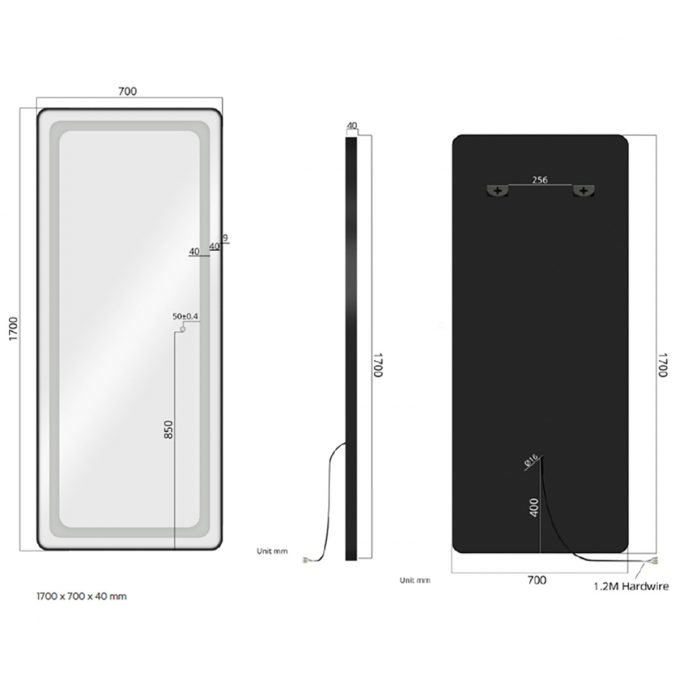 Grand miroir avec éclairage LED réglable au niveau de l'intensité et température de la couleur, disponible en contour, noir, gold et silver