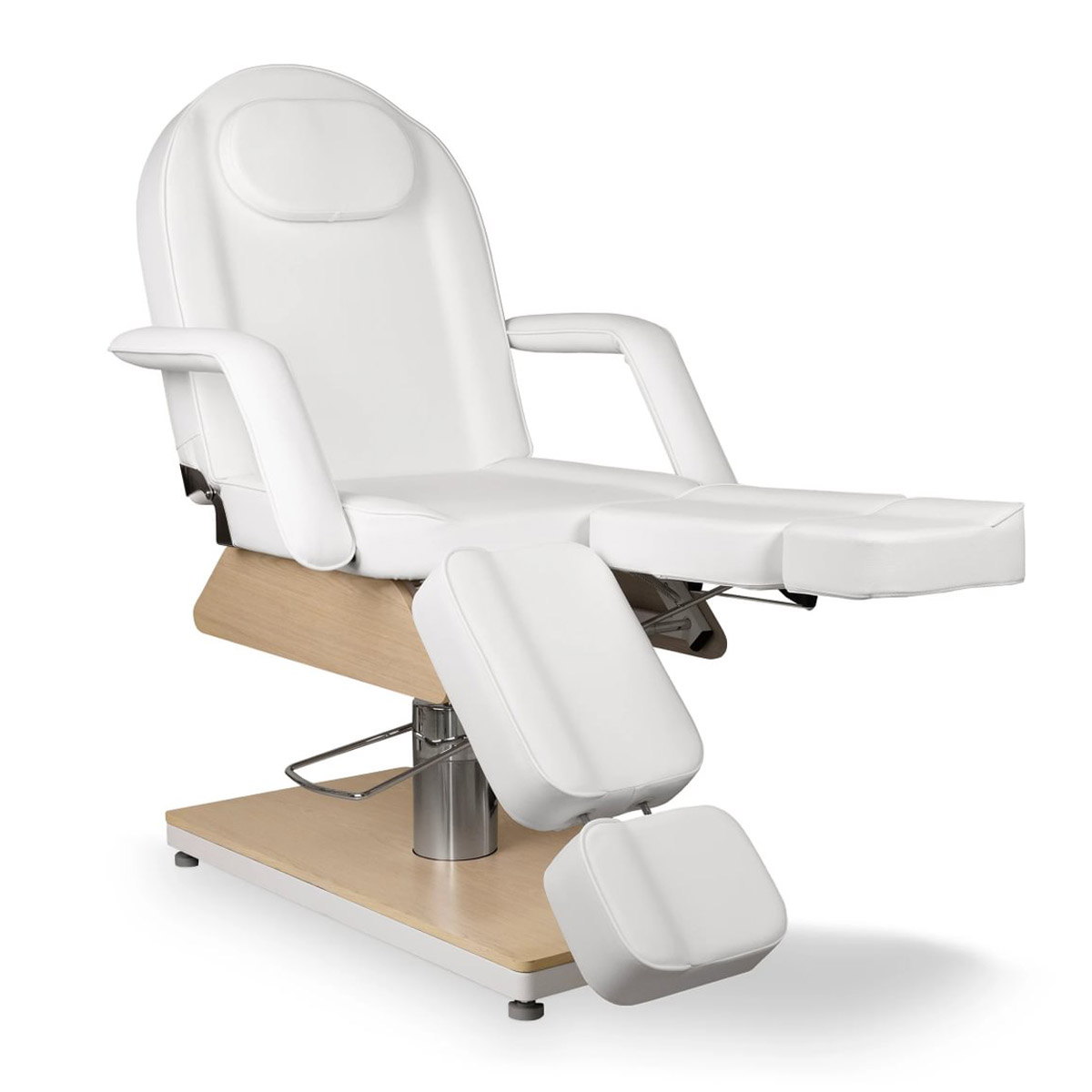 Fauteuil de pédicure MENSA W-OAK blanc avec base en bois et repose-pieds inclinables, hauteur réglable par pompe hydraulique