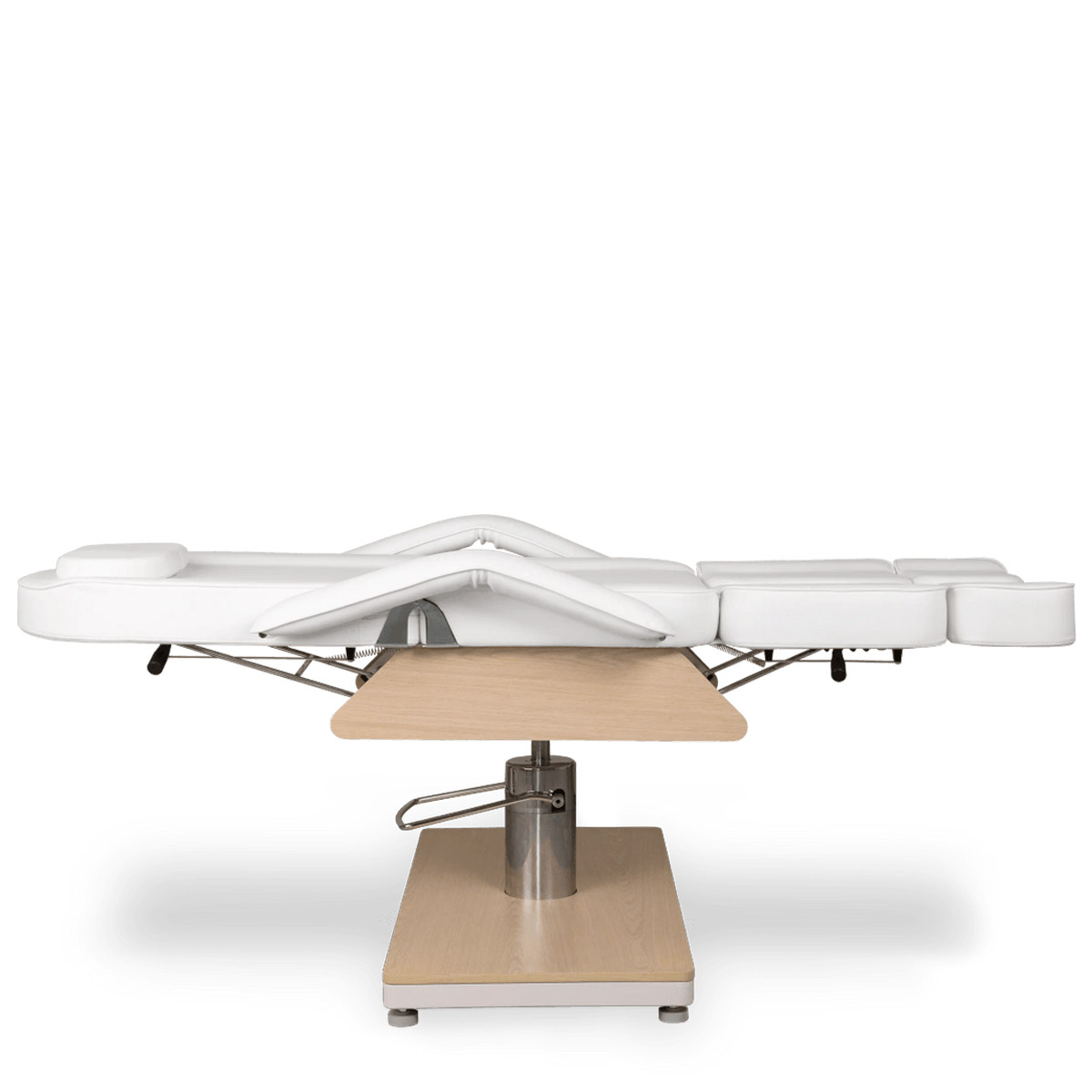 Fauteuil de pédicure MENSA W-OAK blanc avec base en bois et repose-pieds inclinables, hauteur réglable par pompe hydraulique