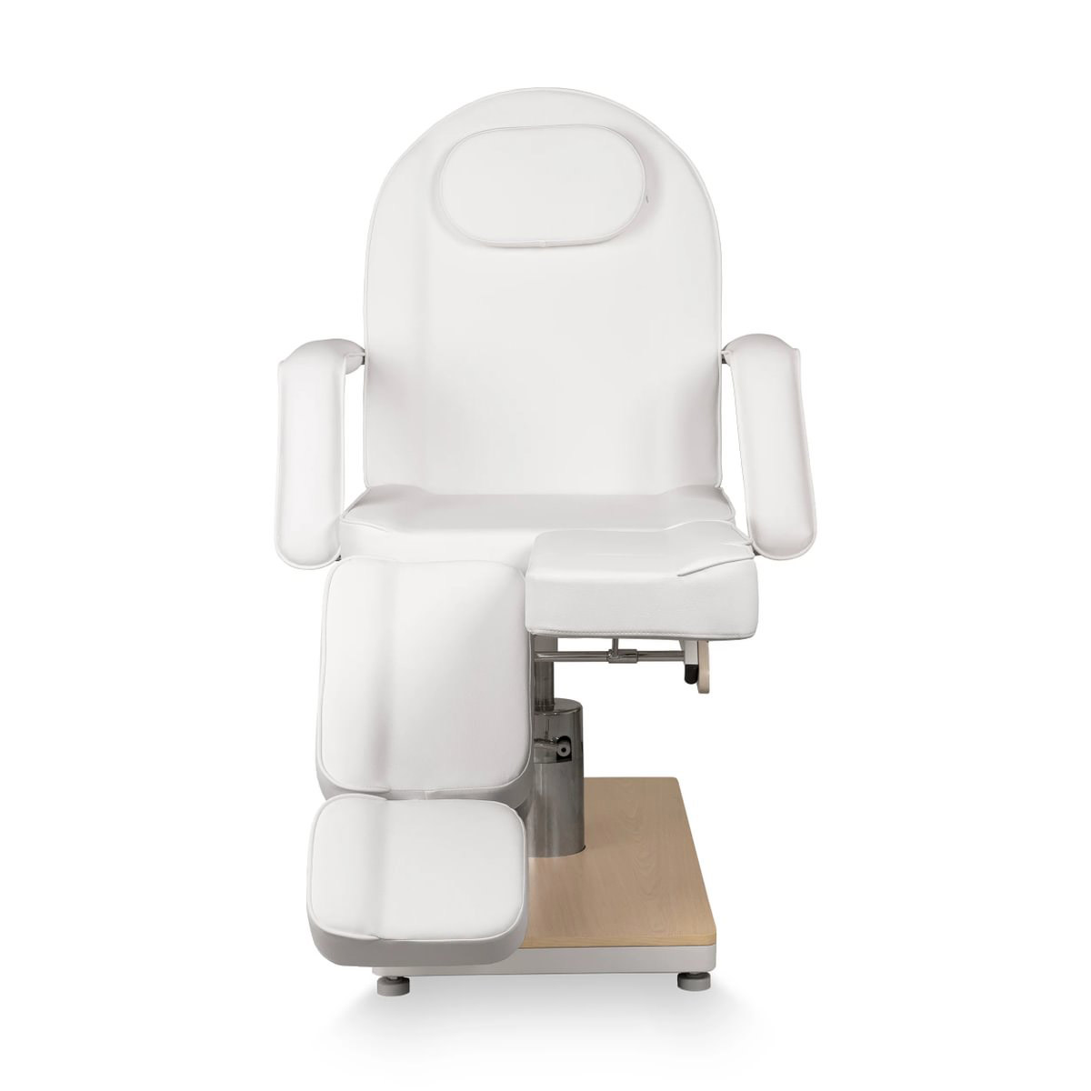 Fauteuil de pédicure MENSA W-OAK blanc avec base en bois et repose-pieds inclinables, hauteur réglable par pompe hydraulique