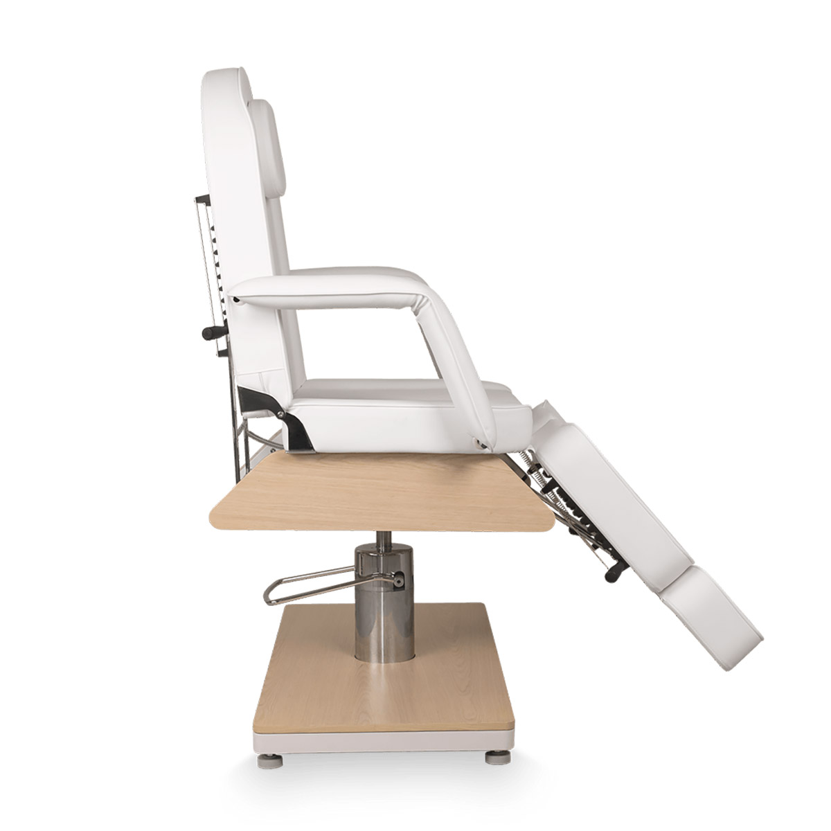 Fauteuil de pédicure MENSA W-OAK blanc avec base en bois et repose-pieds inclinables, hauteur réglable par pompe hydraulique