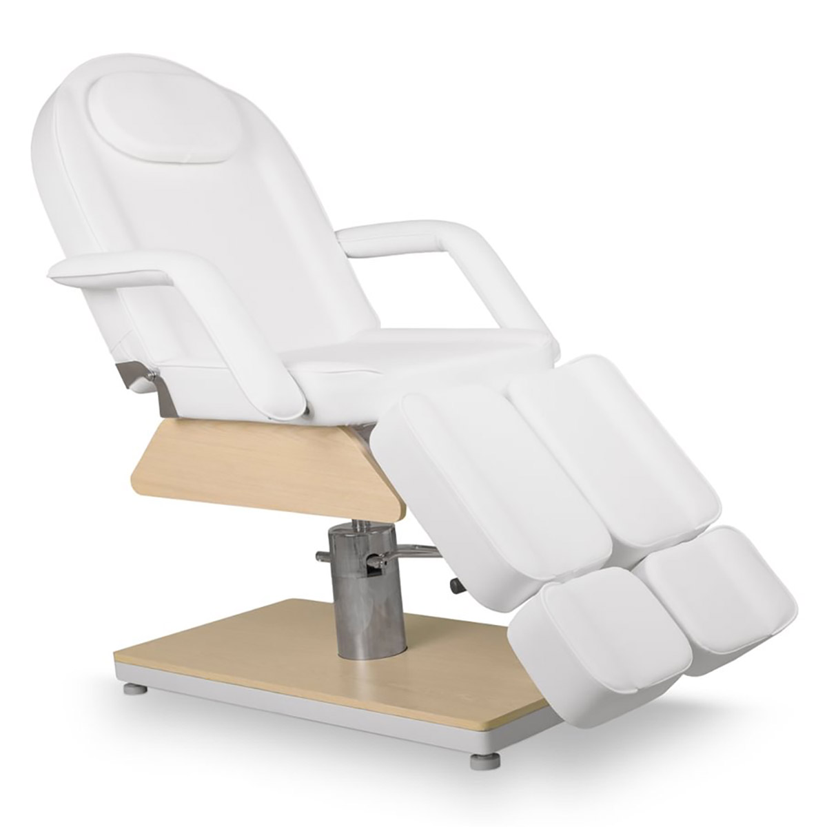 Fauteuil de pédicure MENSA W-OAK blanc avec base en bois et repose-pieds inclinables, hauteur réglable par pompe hydraulique