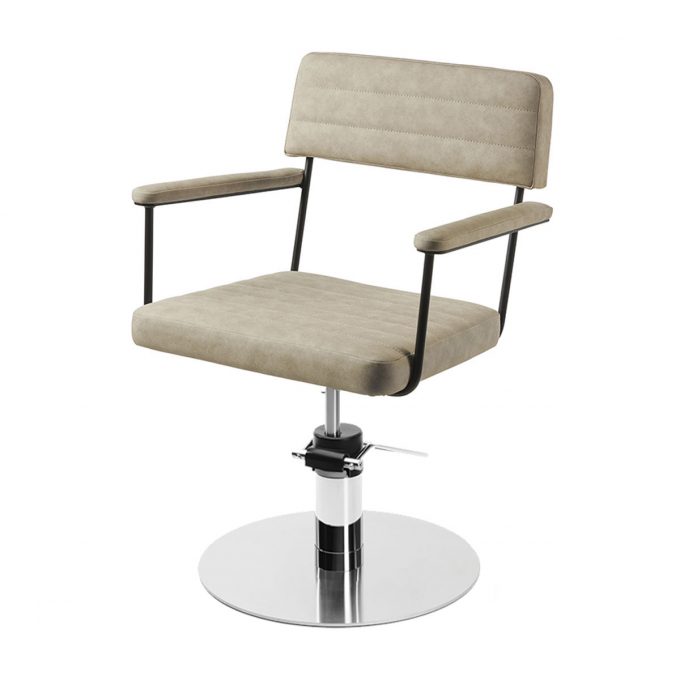 Fauteuil de coiffure structure métal noir avec accoudoirs est assises rembourrés bases aux choix, étoile, carré, rond noir ou inox