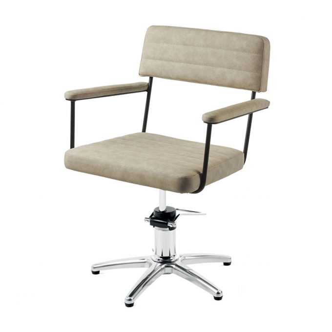 Fauteuil de coiffure structure métal noir avec accoudoirs est assises rembourrés bases aux choix, étoile, carré, rond noir ou inox