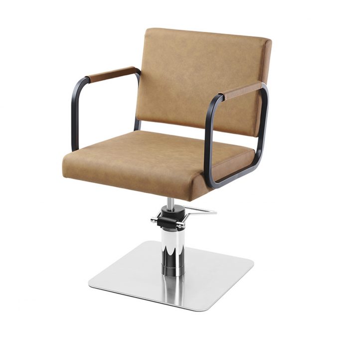 Fauteuil de coiffage Yu-r structure en métal noir, accoudoirs arrondis avec rembourrage mousse, tapisserie en similicuir, base carré inox