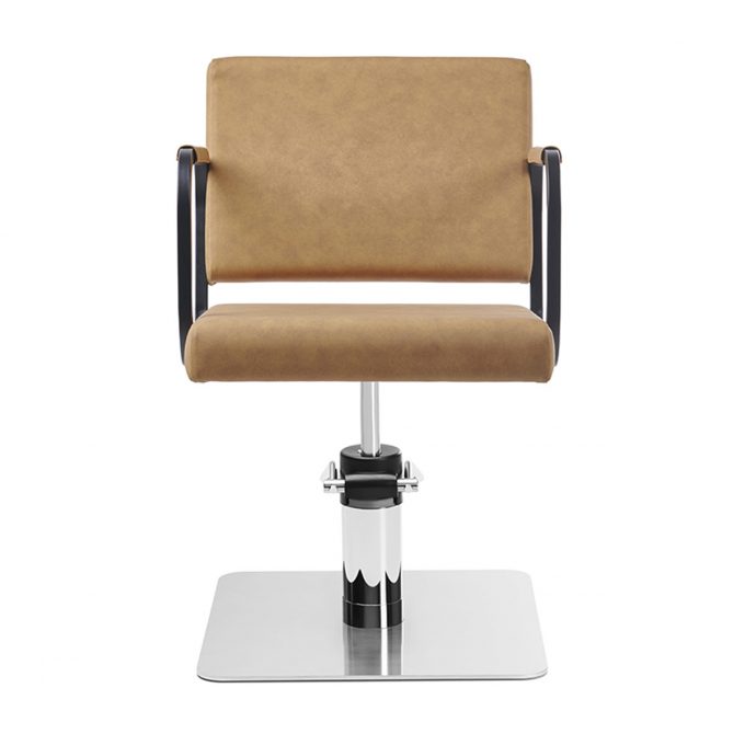 Fauteuil de coiffage Yu-r structure en métal noir, accoudoirs arrondis avec rembourrage mousse, tapisserie en similicuir, base carré inox