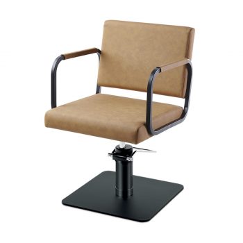 Fauteuil de coiffage Yu-r structure en métal noir, accoudoirs arrondis avec rembourrage mousse, tapisserie en similicuir, base carré noire
