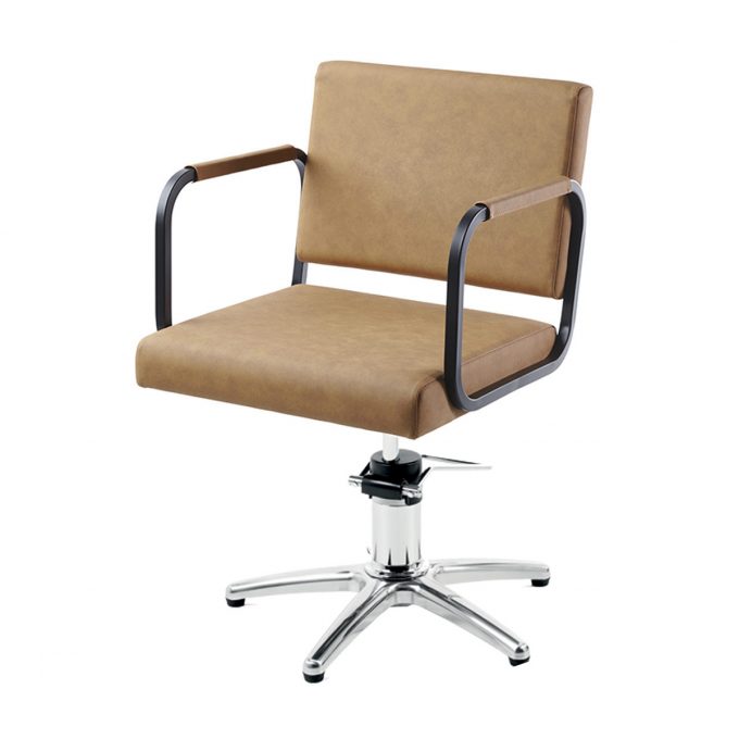Fauteuil de coiffage Yu-r structure en métal noir, accoudoirs arrondis avec rembourrage mousse, tapisserie en similicuir, base étoile noire