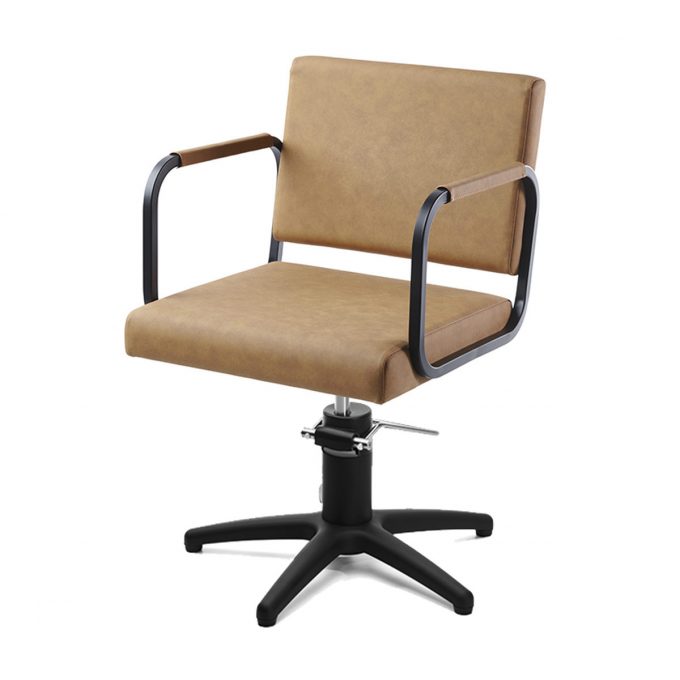 Fauteuil de coiffage Yu-r structure en métal noir, accoudoirs arrondis avec rembourrage mousse, tapisserie en similicuir, base étoile noire