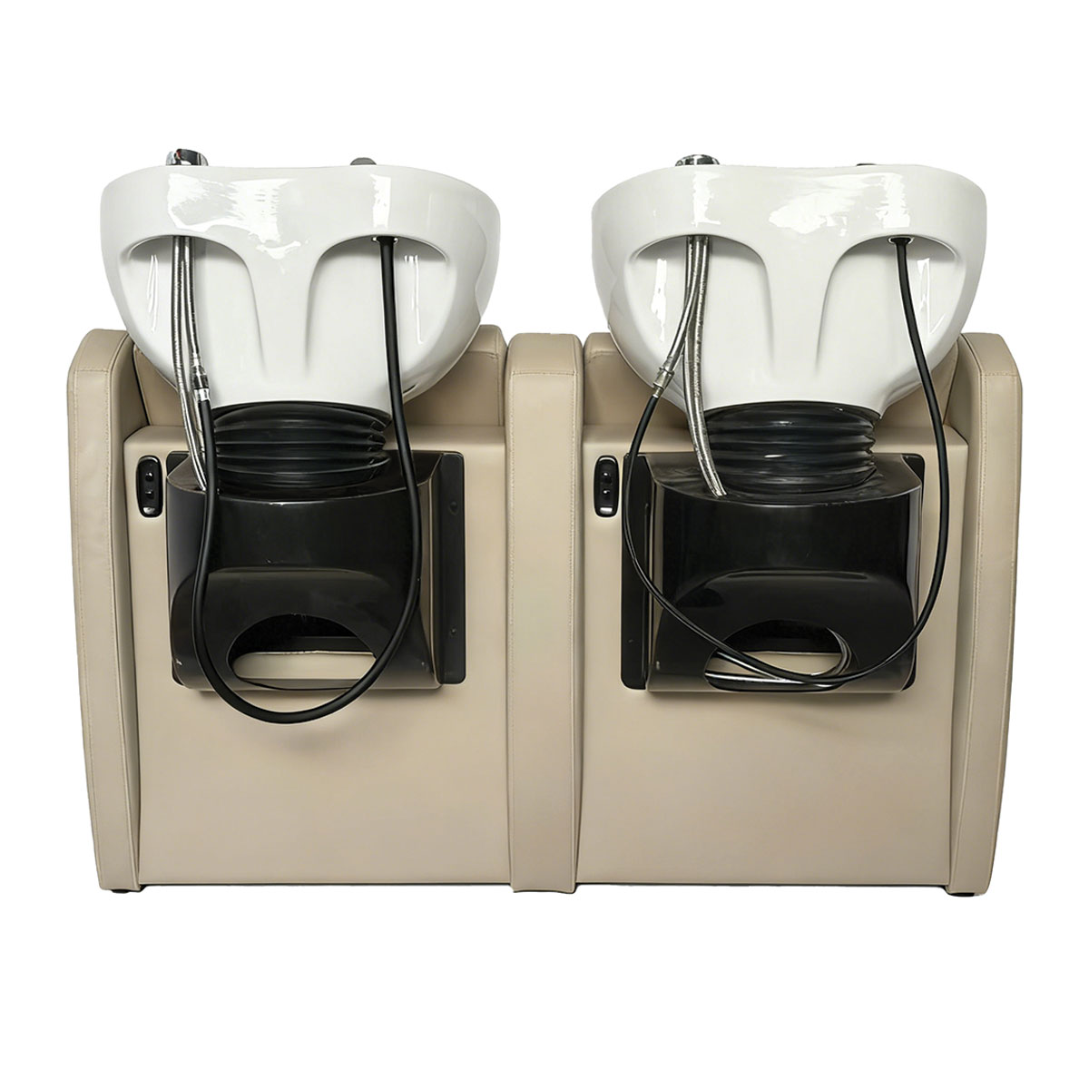 double bac à shampoing avec relève jambes intégrés électriques, vasque en céramiques équipées, assises en PVC beige