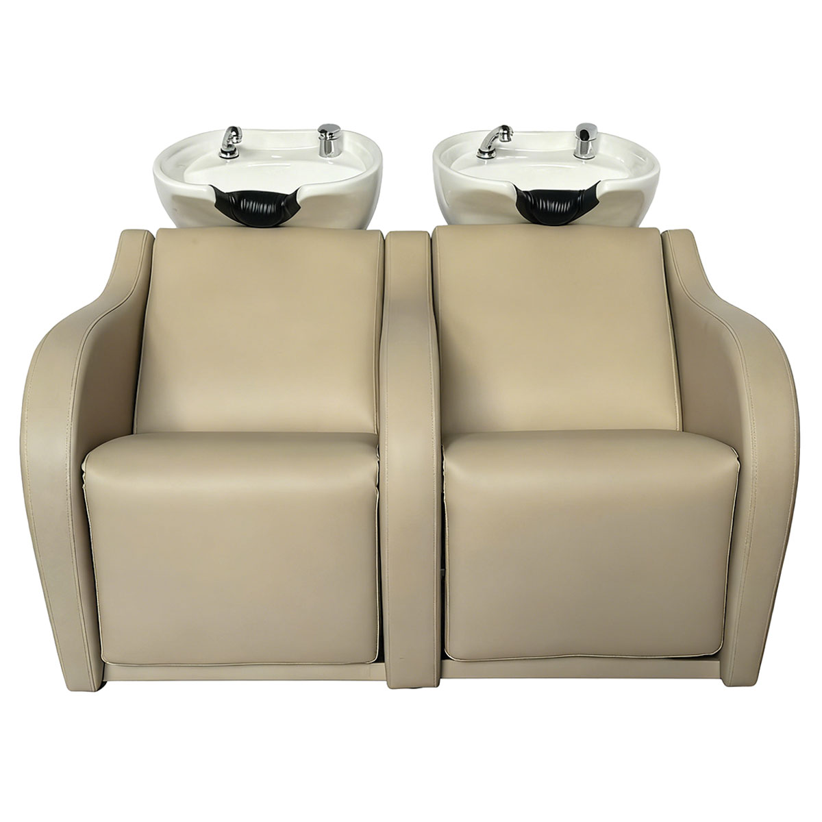 double bac à shampoing avec relève jambes intégrés électriques, vasque en céramiques équipées, assises en PVC beige