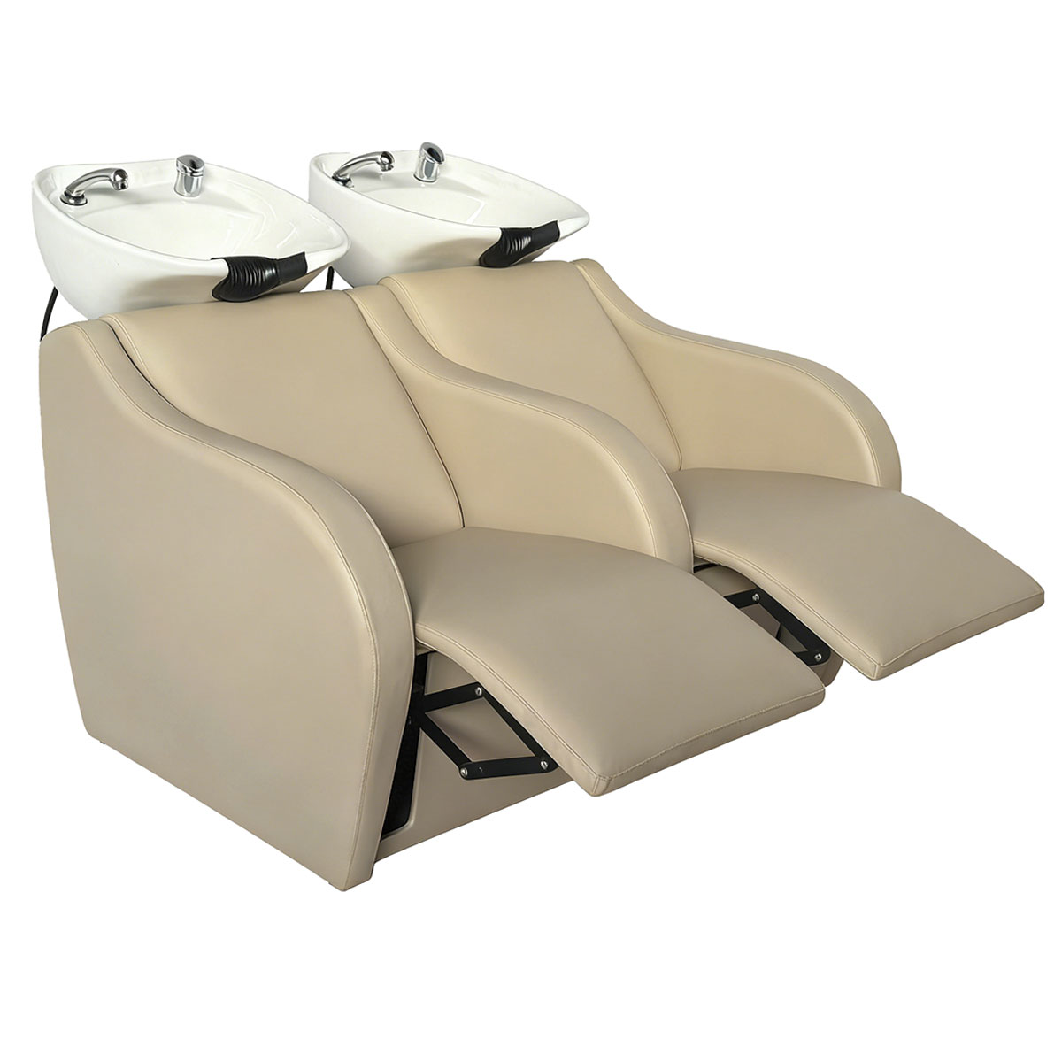 double bac à shampoing avec relève jambes intégrés électriques, vasque en céramiques équipées, assises en PVC beige