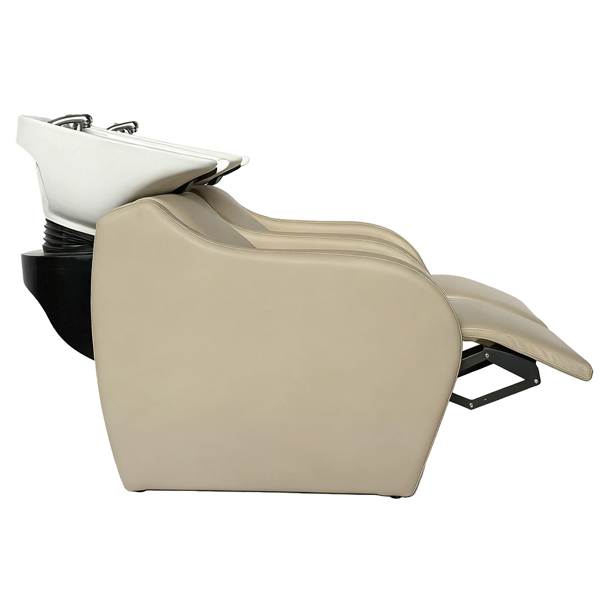 double bac à shampoing avec relève jambes intégrés électriques, vasque en céramiques équipées, assises en PVC beige