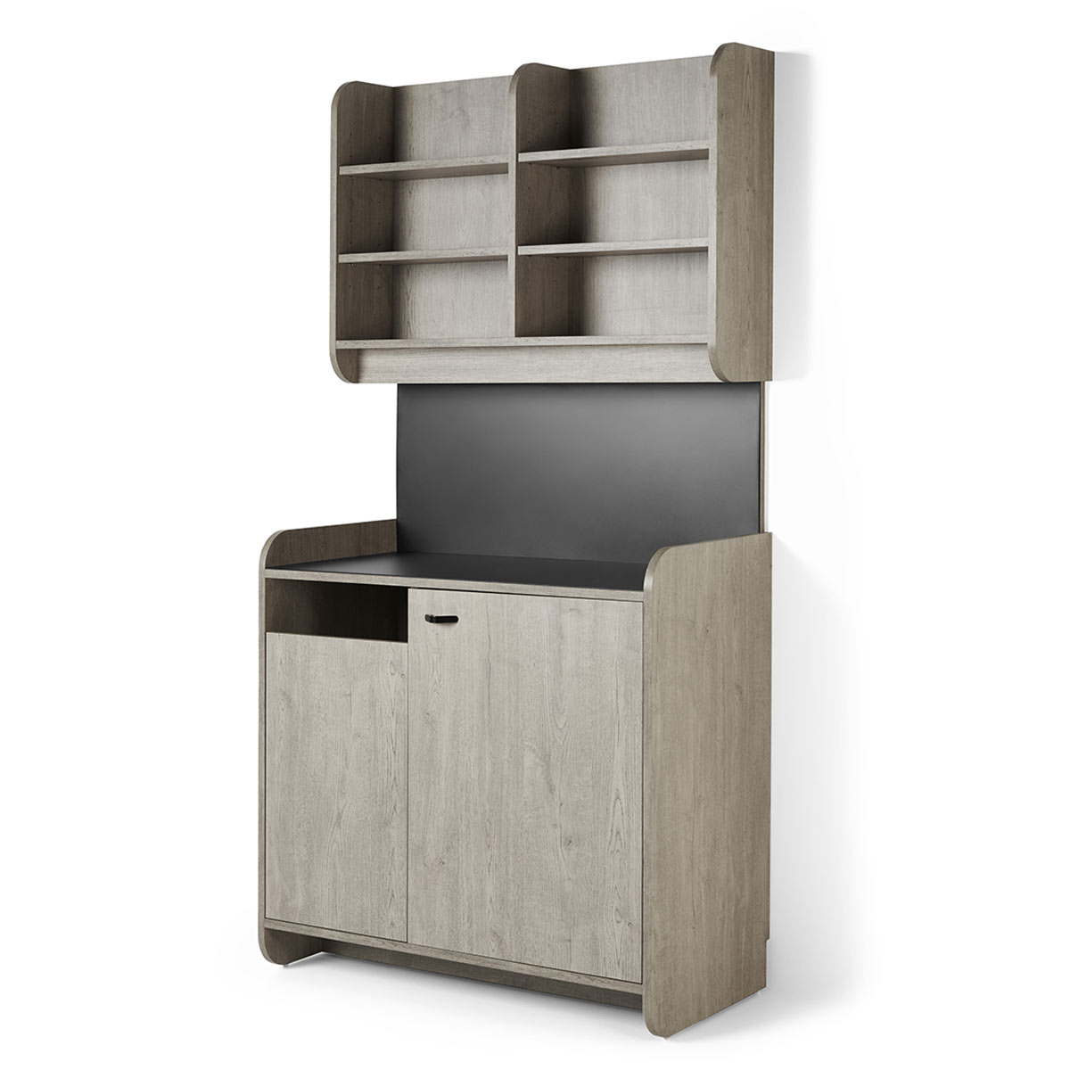 meuble laboratoire en stratifié avec étagères de rangement ou exposition, corbeille, vasque en inox et éclairage led