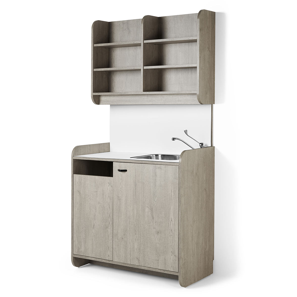 meuble laboratoire en stratifié avec étagères de rangement ou exposition, corbeille, vasque en inox et éclairage led