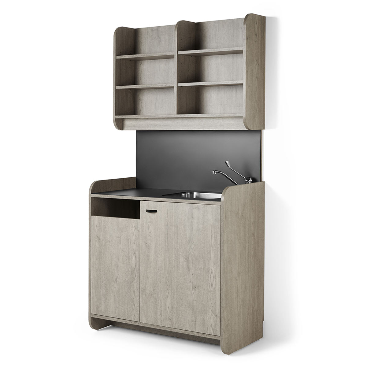 meuble laboratoire en stratifié avec étagères de rangement ou exposition, corbeille, vasque en inox et éclairage led