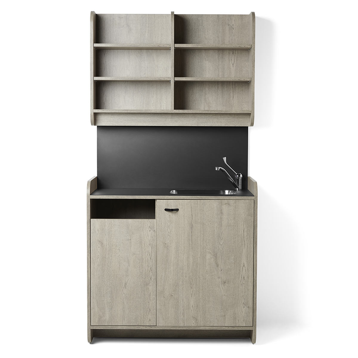 meuble laboratoire en stratifié avec étagères de rangement ou exposition, corbeille, vasque en inox et éclairage led