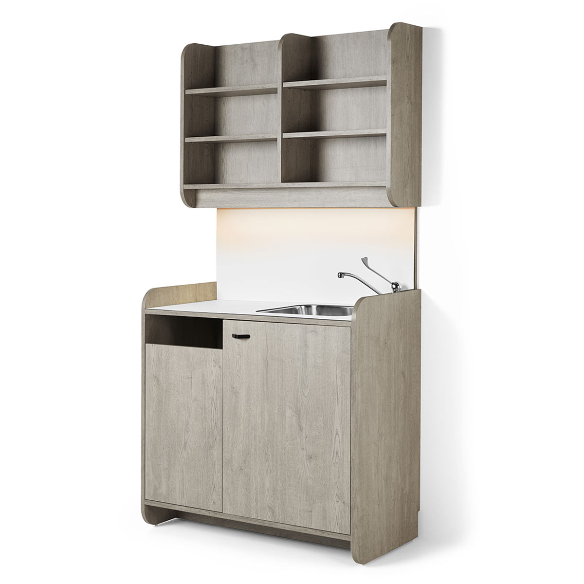 meuble laboratoire en stratifié avec étagères de rangement ou exposition, corbeille, vasque en inox et éclairage led