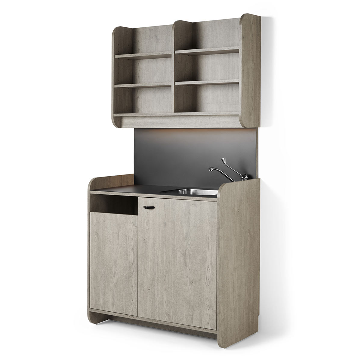 meuble laboratoire en stratifié avec étagères de rangement ou exposition, corbeille, vasque en inox et éclairage led