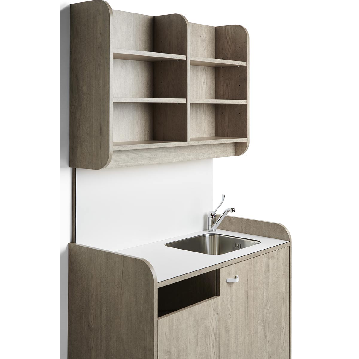 meuble laboratoire en stratifié avec étagères de rangement ou exposition, corbeille, vasque en inox et éclairage led