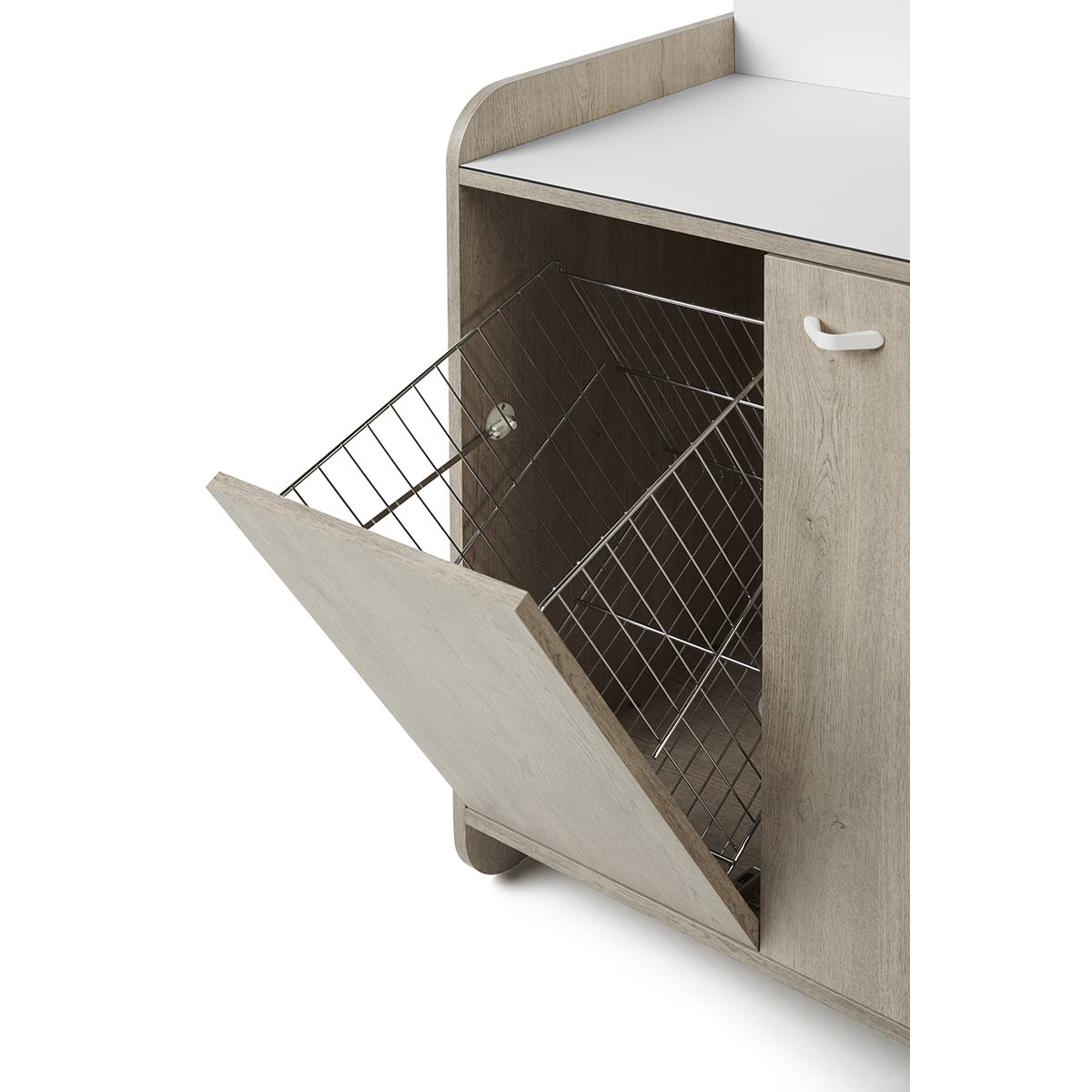 meuble laboratoire en stratifié avec étagères de rangement ou exposition, corbeille, vasque en inox et éclairage led