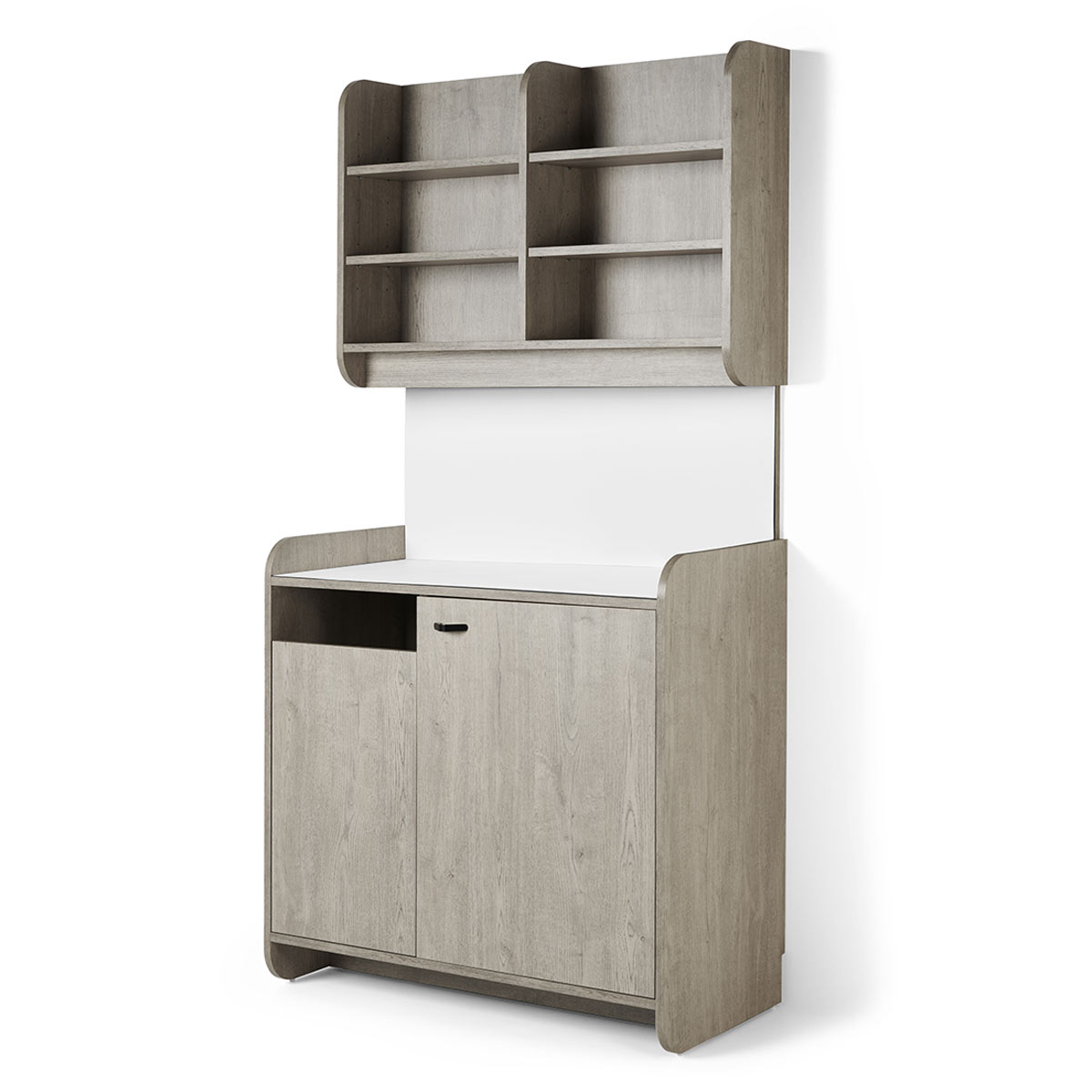 meuble laboratoire en stratifié avec étagères de rangement ou exposition, corbeille, vasque en inox et éclairage led