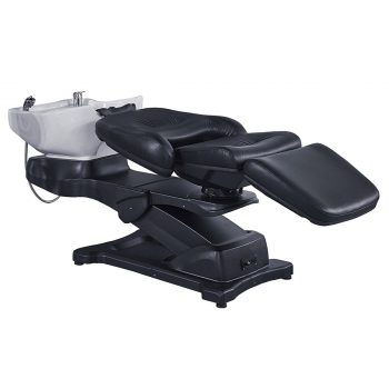 bac de lavage réglable en position allongé structure métallique noir avec vasque en céramique blanche, commande au pied pour régler la hauteur, inclinaison et réglage manuel de rotation du siège