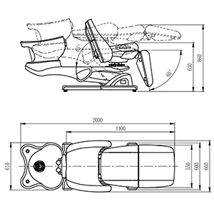 bac de lavage réglable en position allongé structure métallique noir avec vasque en céramique blanche, commande au pied pour régler la hauteur, inclinaison et réglage manuel de rotation du siège