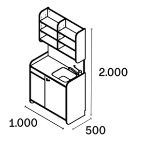 meuble laboratoire en stratifié avec étagères de rangement ou exposition, corbeille, vasque en inox et éclairage led