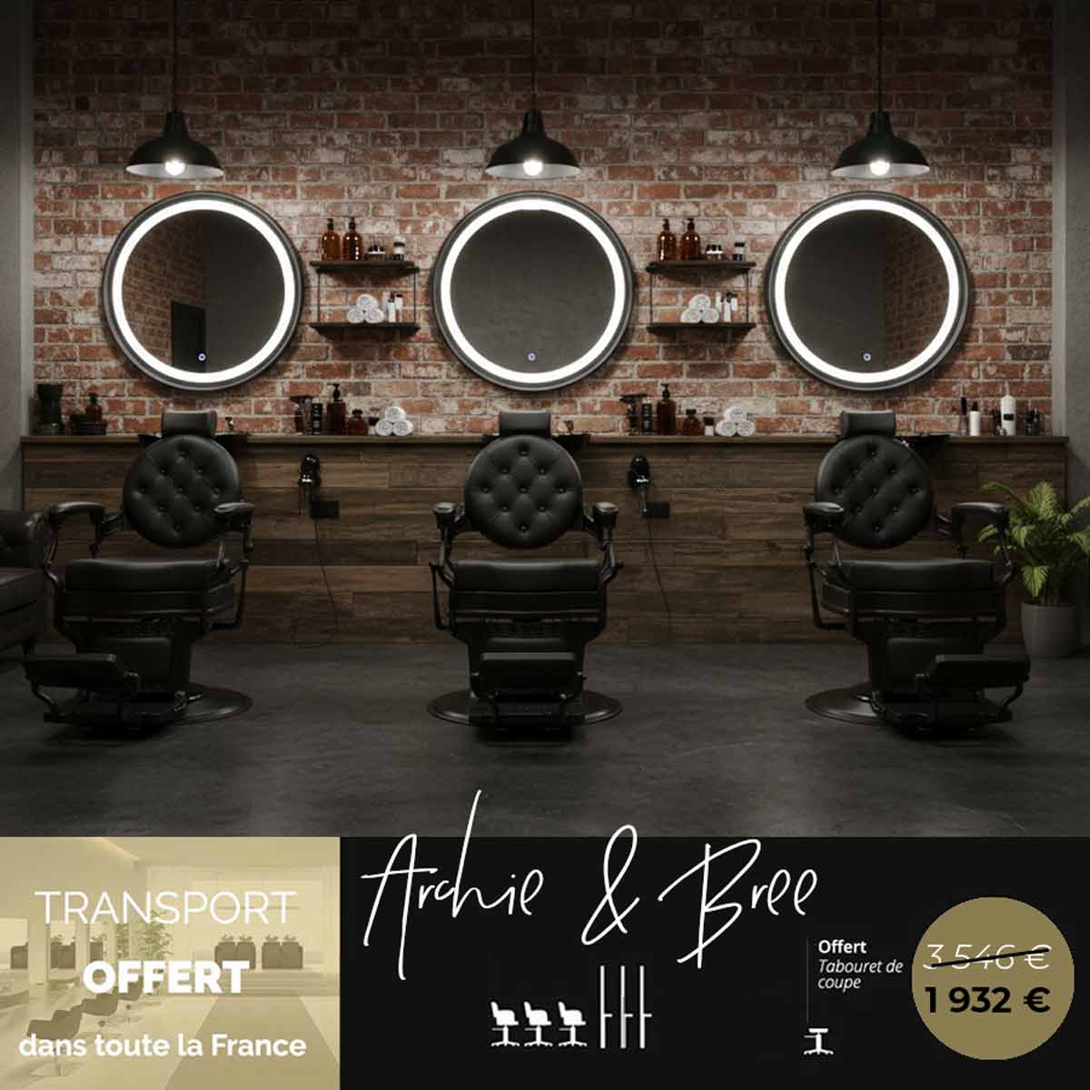 Ensemble de mobilier barbier comprenant trois fauteuils full black au style rétro avec trois miroirs rond avec éclairages LED