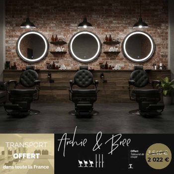 Ensemble de mobilier barbier comprenant trois fauteuils full black au style rétro avec trois miroirs rond avec éclairages LED